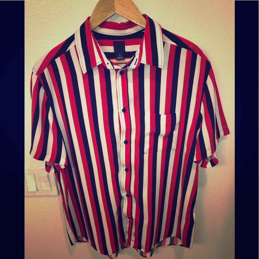 Red, White and Blue Striped Button Down Shirt.